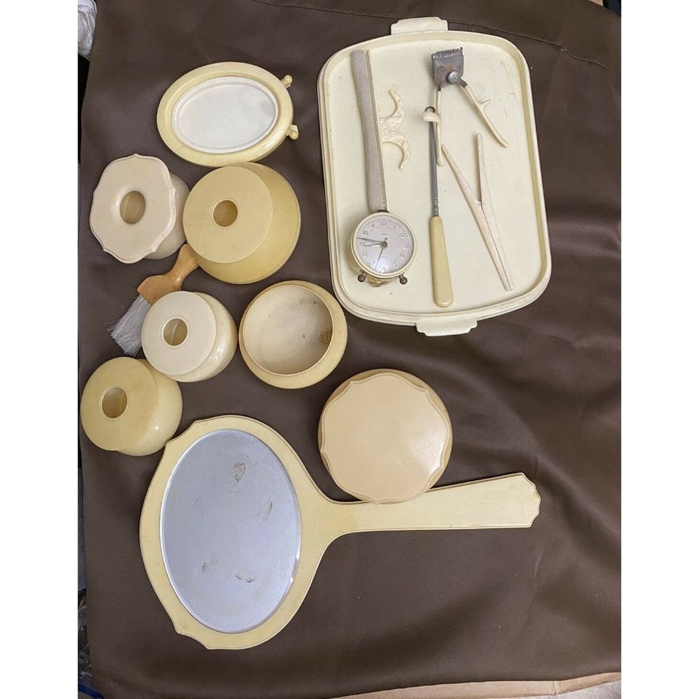 Vintage French Ivory Celluloid Vanity Set 12pc‎ Boker Clippers Clock Art Deco
